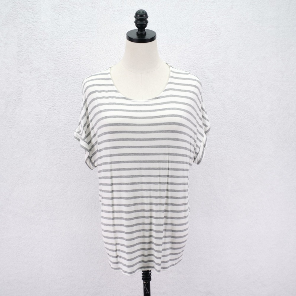 Green Envelope Los Angeles Large T-Shirt Top Cream Gray Striped Rolled Sleeve Ro